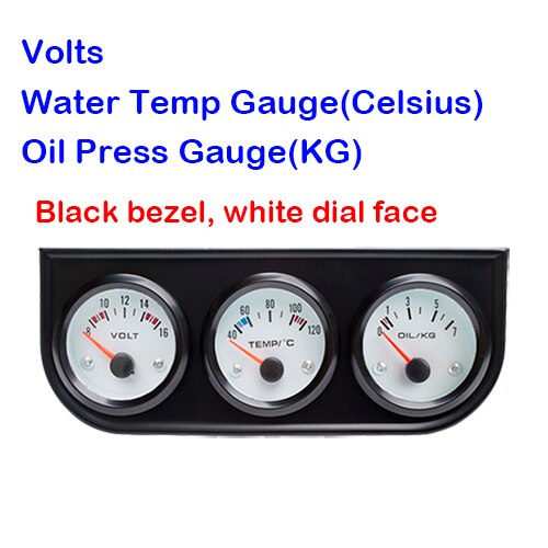 Dragon gauge bil tredobbelt gauge 52mm spænding / vand temp (celsius) / olie presse sort / krom ramme 3- i -1 kit meter: Sort og hvid