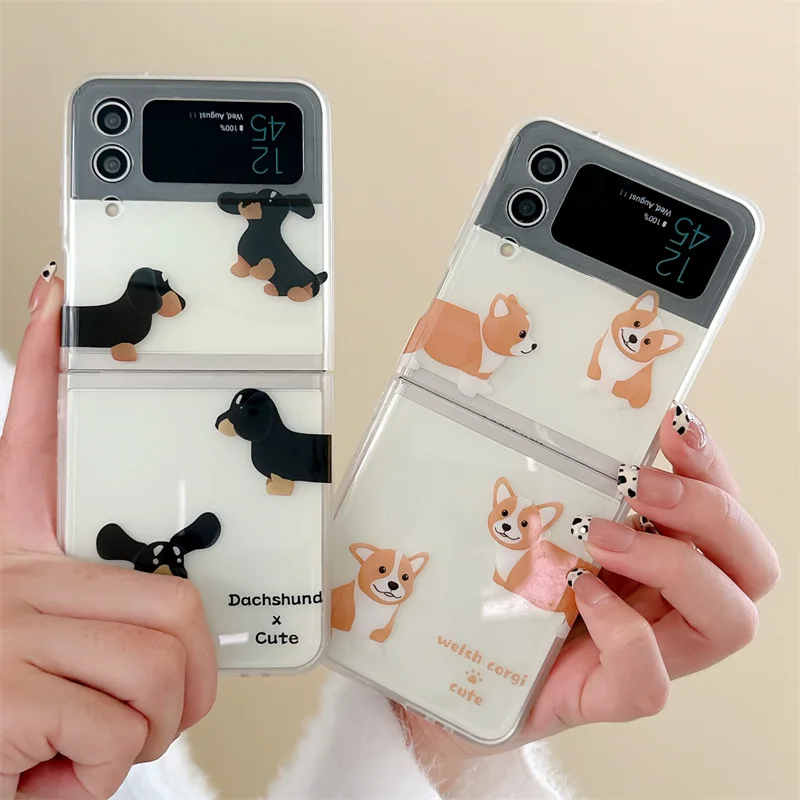 Cartoon Leuke Corgi Teckel Telefoon Case voor Samsung Galaxy Z Flip 5 4 3 Hard Cover voor Z Flip 3 Z flip 4 Solid Shell Beugel