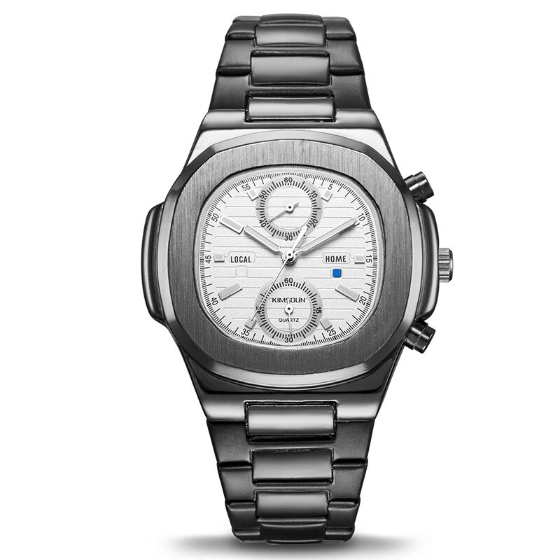 Rustfrit stål sportsur vandtæt kronograf firkantet kvarts armbåndsur: Sort hvid