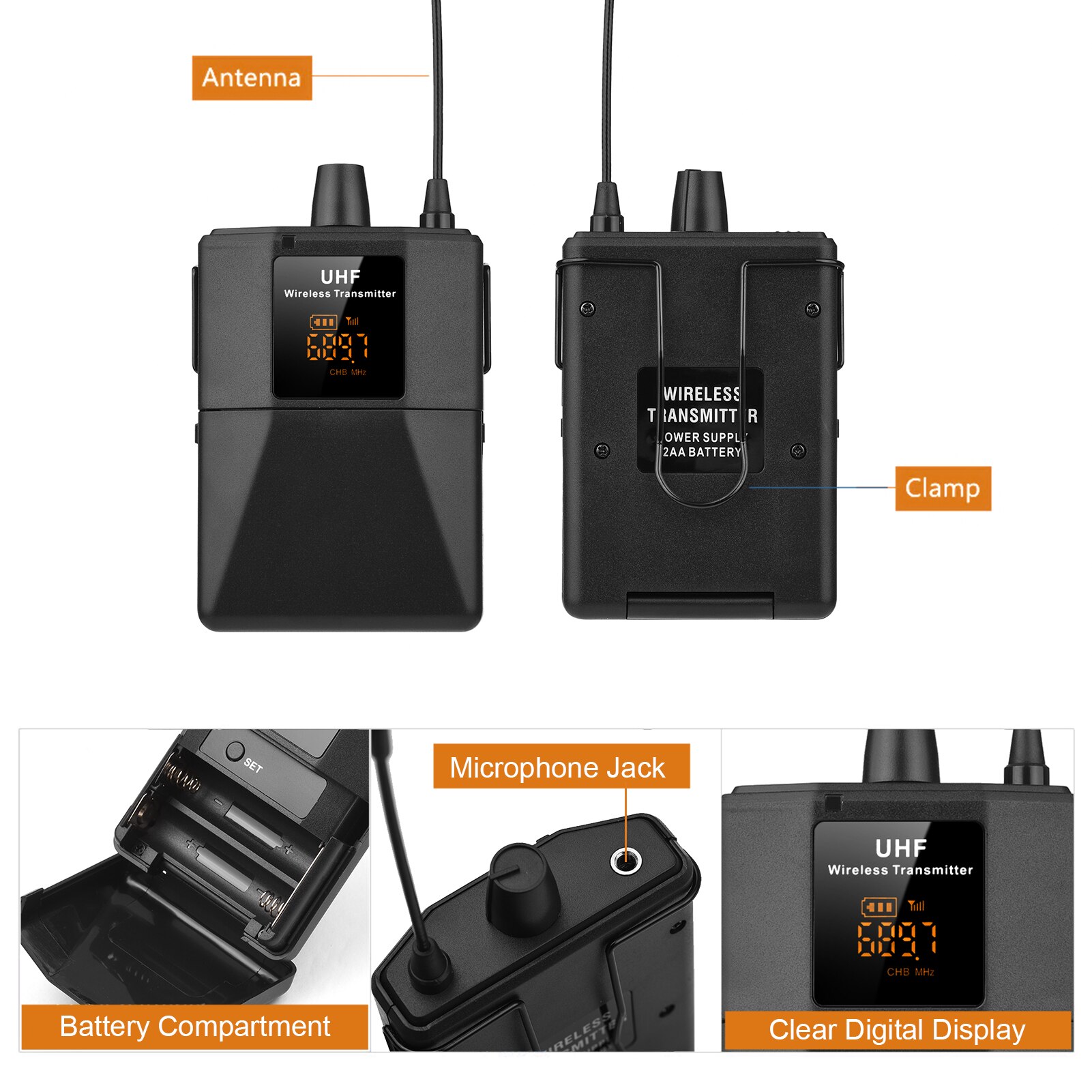 UHF Wireless Headset Microphone with Transmitter &amp; Receiver LED Digital Display Bodypack Transmitter for Teaching Speech