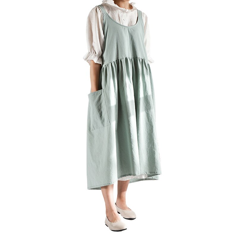 Tablier croisé à dos pour femmes, en coton et lin, enveloppe de cuisson japonaise, robe de fleuriste, Art littéraire, en coton et lin, pour la publicité: GREEN