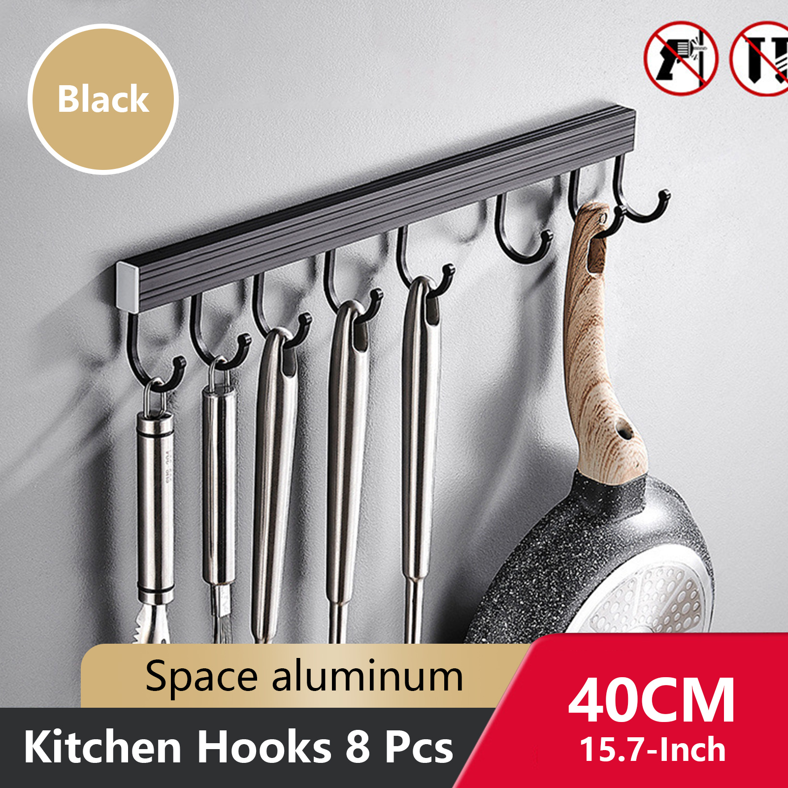 Wall Mounted Kitchen Hook Rack No-Punching Wall Hangers Rail Kitchen Utensils Rack Spoon Shovel Chopping Board Storage Rack: light yellow
