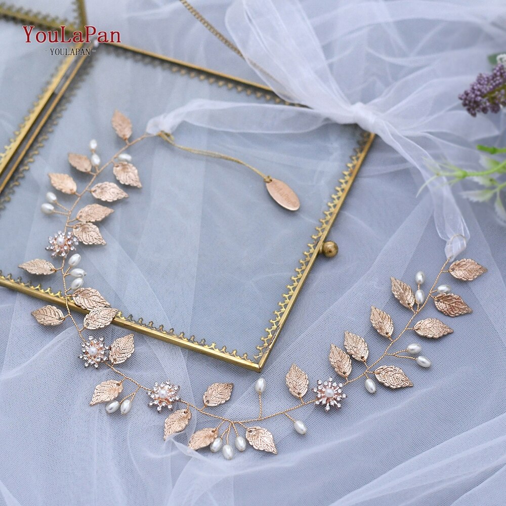 YouLaPan Golden leaf Wedding Headband Noble Bridal Tiara Bride Hair Jewelry Wedding Headpieces Pearl Bridal Hairband HP110