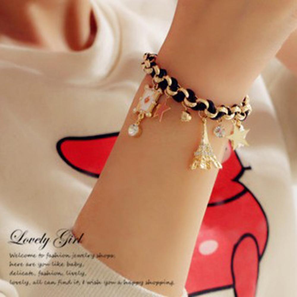 Women Flowers Bracelet chain Star Heart Paris Eiffel Tower Crown Poker Cute Bangle Leather Rope Chain Jewelery