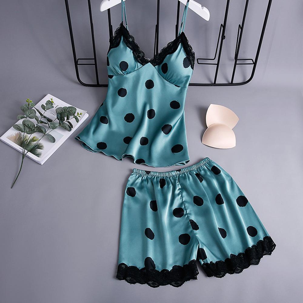 Dames Sexy Satijn Night Robe Jurk Kant Spaghetti Band Slaap Pak Nachtkleding Nachtkleding Vrouwen Zomer Dot Mouwloze