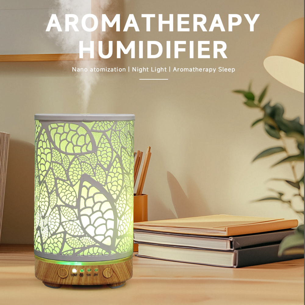 100 ml Diffusor für ätherische Öle, hohles Blatt, Ultraschall-Luftbefeuchter, Heimduft-Aroma-Diffusor mit 7 LED-Farbwechsellicht