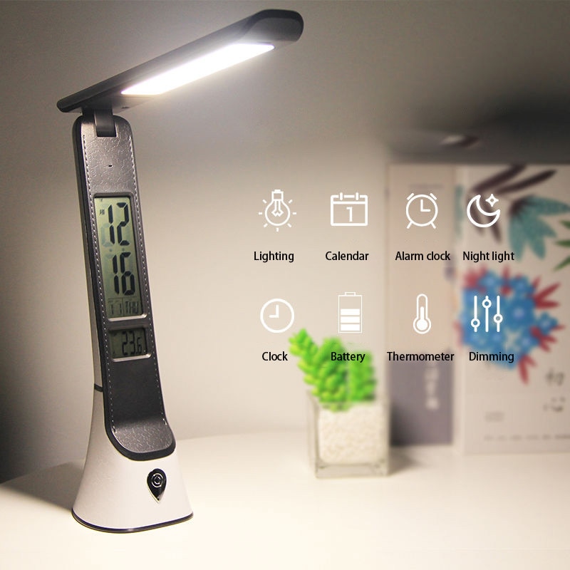 Usb genopladelig led skrivebordslampe med kalender temperatur ur lysstyrke justerbar 3 farver belysning bordlampe til studie