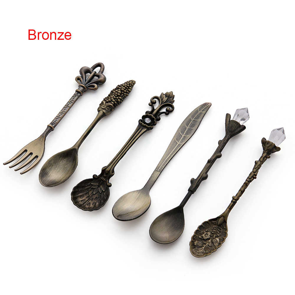 6 stk royal stil vintage metal udskåret ske forskellige former zink legering kaffe dessert gaffel flatwares køkken spisebestik: Bronze