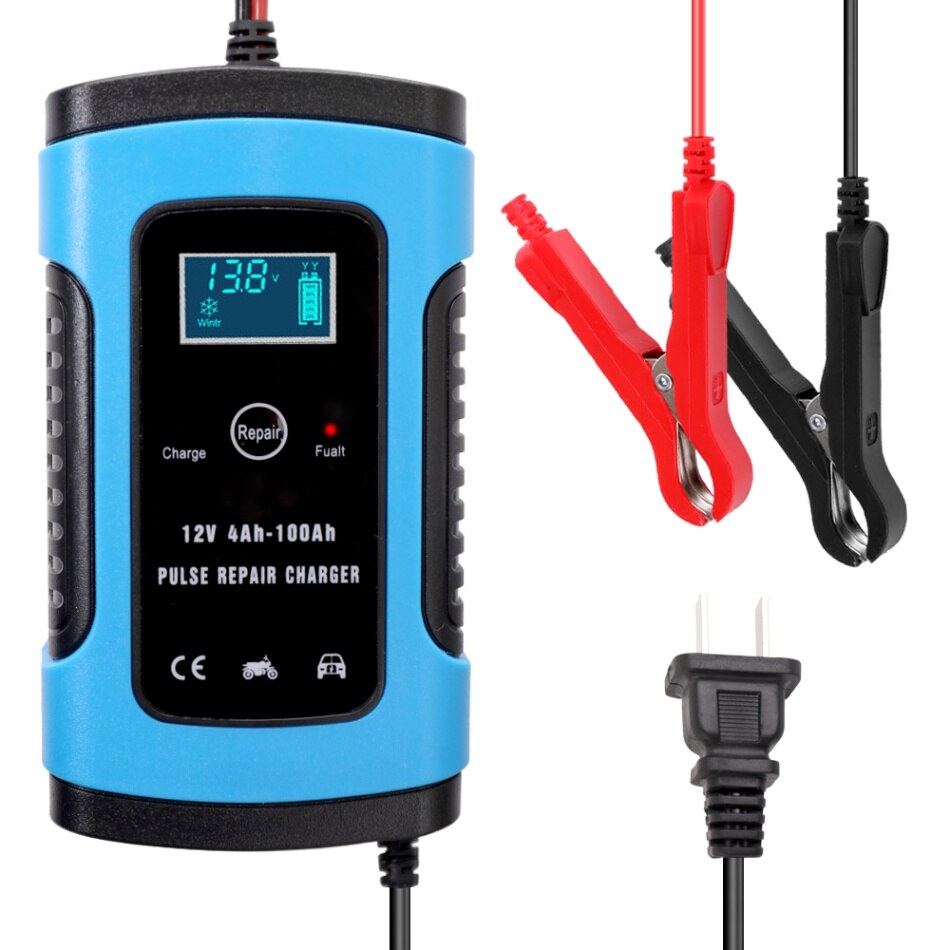 Full Automatic Car Battery Charger 110V-220V To 12V 6A Intelligent Fast Power Charging Wet Dry Lead Acid Digital LCD Display: Blue US Plug
