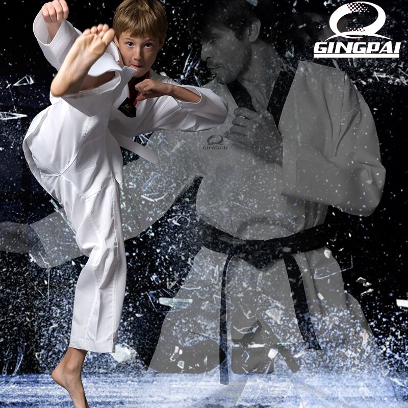 Uniforme de Taekwondo para niños y adultos, traje blanco tradicional de Taekwondo para estudiantes, traje negro con cuello en V,