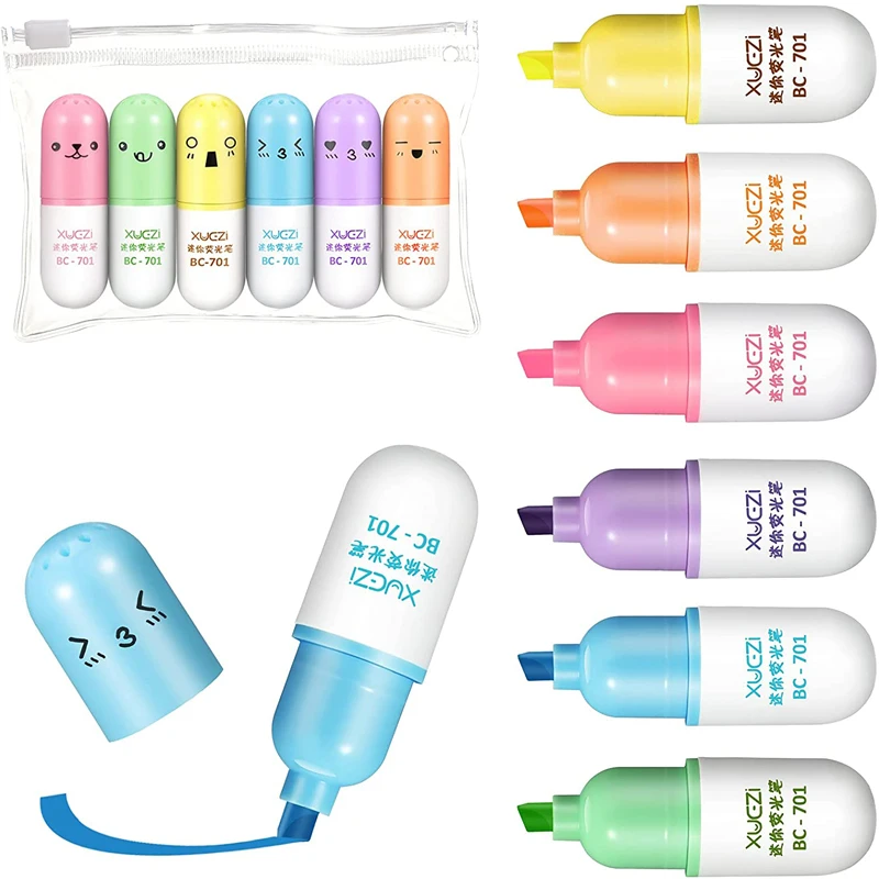 Juego de Mini pastillas resaltadoras Kawaii, rotulador fluorescente con cara sonriente, suministro de papelería artística para escuela y oficina, 6 uds.
