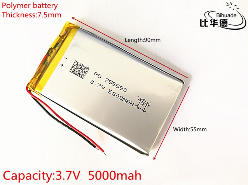 Frete grátis 1 pçs/lote 755590 Li-ion 5000mAh 3.7V DIY Bateria Recarregável de Polímero de Lítio de Backup