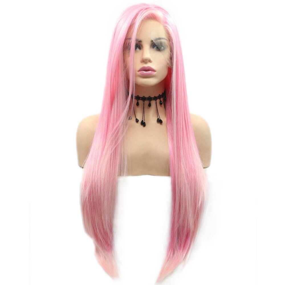 Peluca larga seda con encaje verde fluorescente para mujer, pelo Natural sin pegamento, resistente al calor: light pink