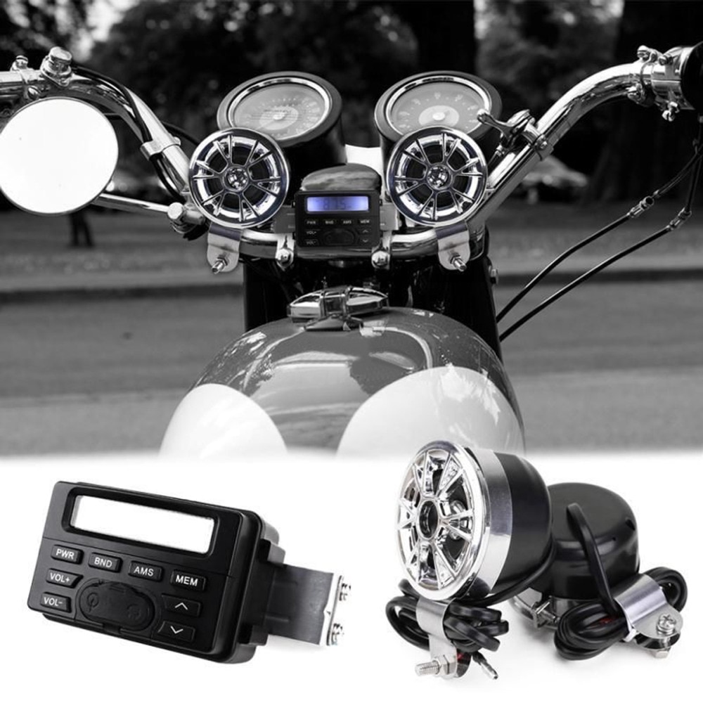 Motorcykel lyd audio radio system styr 12v fuldbånds fm stereo 2 højttalere atv cykel med 3.5mm aux jack til at forbinde  mp3 enhed