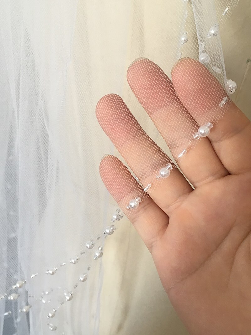 Elegante Parels Kralen Bruidssluier Korte 2 Lagen Wit Ivoor Tulle Vrouwen Bruiloft Sluier Accessoires