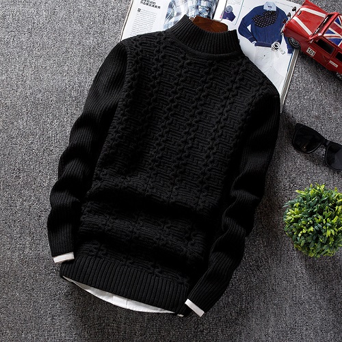 Winter Men's Sweater Male Slim Fit Knitted Pullovers Solid Color Casual Thick Warm Mens Christmas Sweaters Knitwear: Black / L