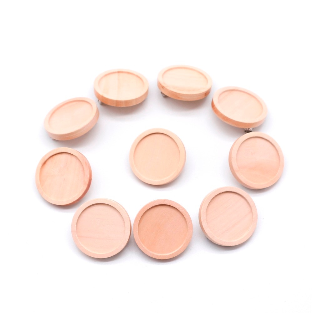 10 unids/lote de broches de cabujón de madera en blanco, ajustes de Base, 20 25 30 40mm de diámetro, bandeja de bisel redondo, broches Diy, respaldos de Pin para fabricación de joyas