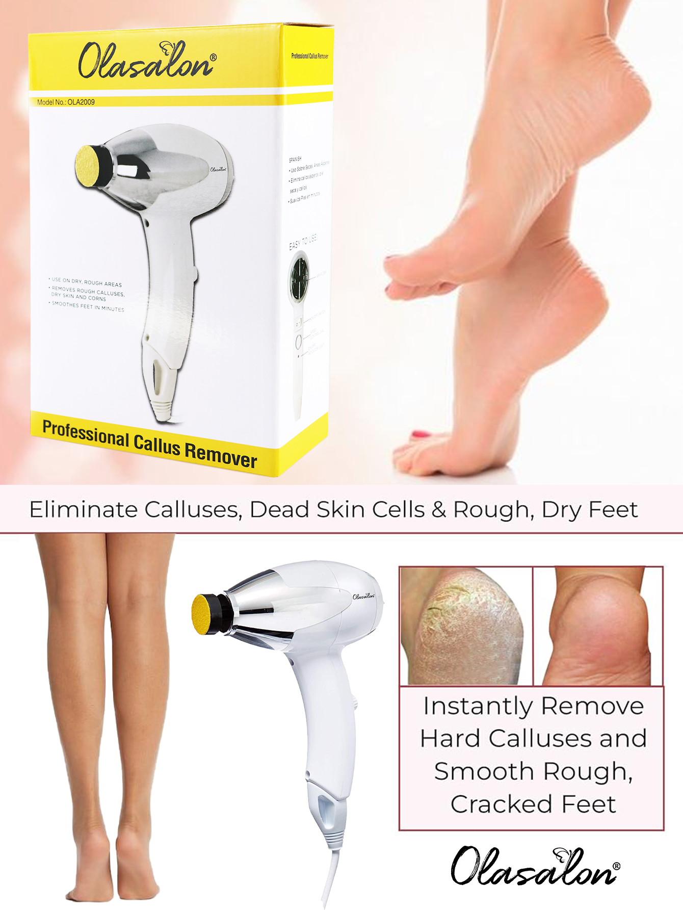 OLASALON Electric Foot Callus Remover Waterproof Foot Care Pedicure Tool Set for Callus Removal, 230V European plug