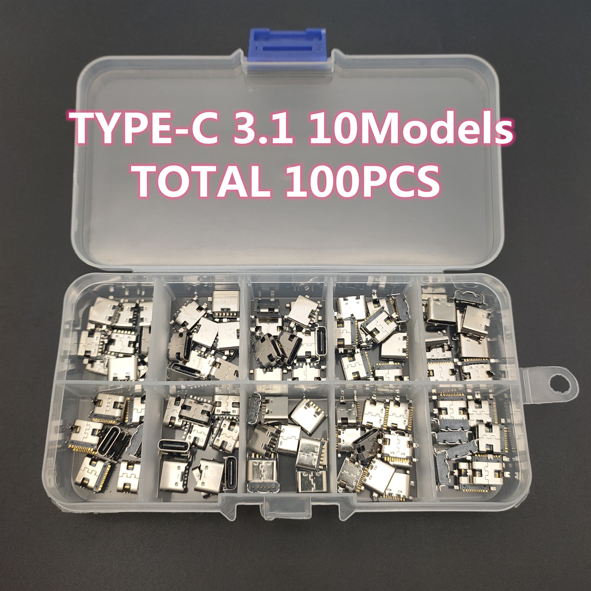 100 stk / parti 10 modeller type-c usb-opladningsdock-stik blandet 6- pin og 16- pin brug til mobiltelefon og digitale produktreparationssæt