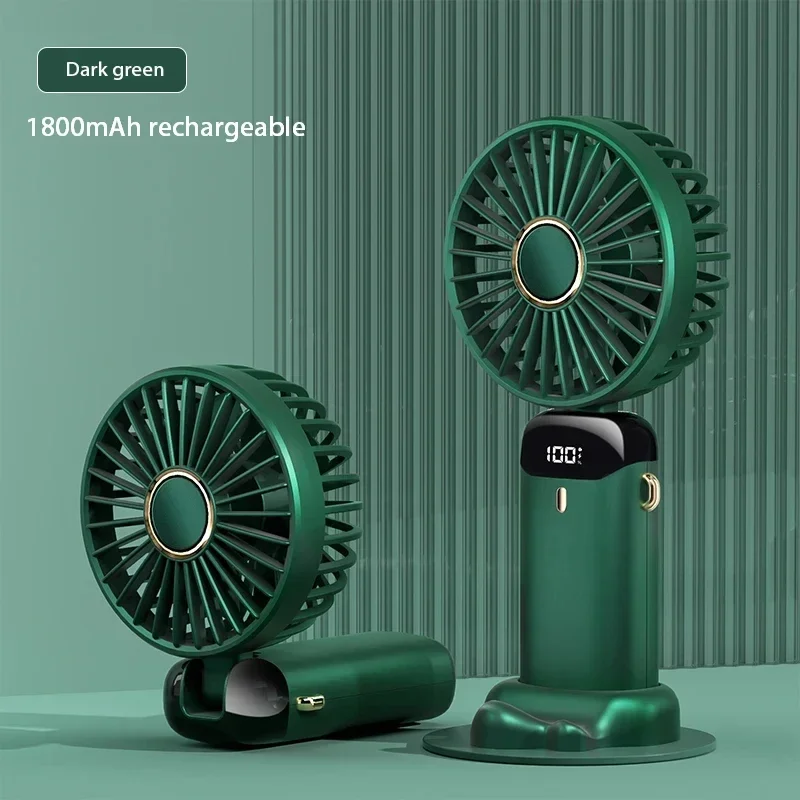 Mini ventilador portátil de mano, ventiladores plegables para colgar en el cuello, ventilador recargable por USB de 5 velocidades con soporte para teléfono y pantalla de visualización de 1800mAh: verde