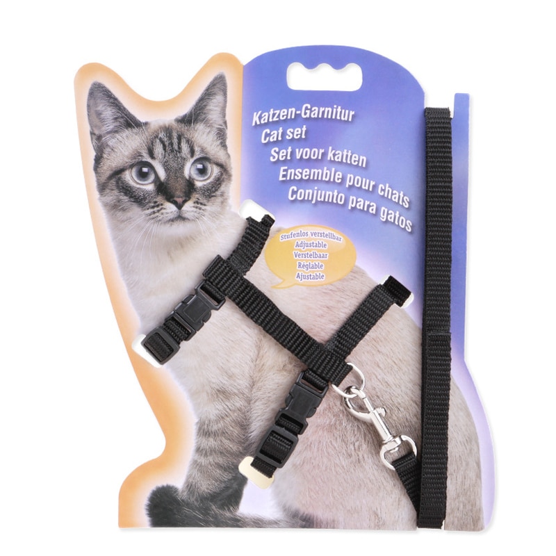 Arnés de nailon ajustable para gato, correa de tracción para mascotas, gatos y gatitos: Negro