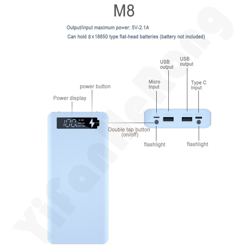 DIY Power Bank Case 8x 18650 Battery Charger External Box With LED Flashlight PD Fast Charger Power Bank Case For Smart Phone