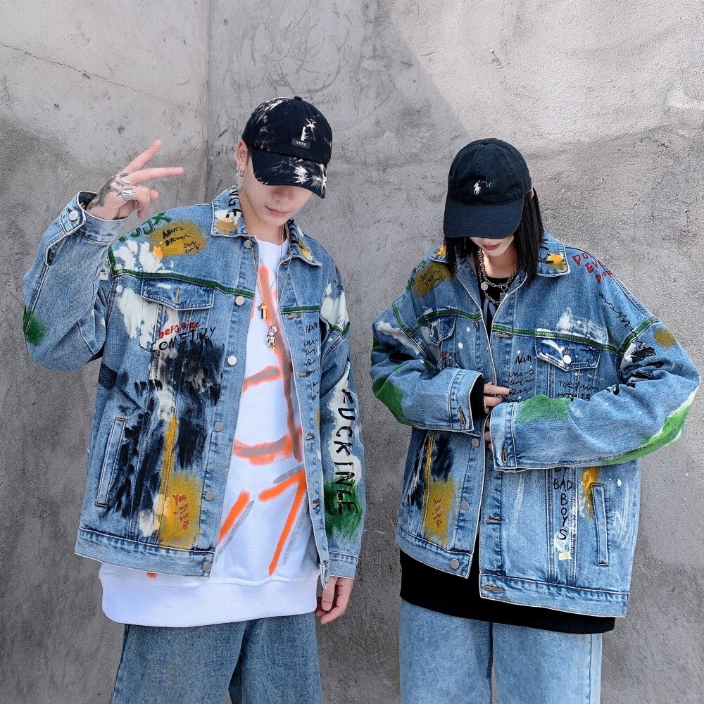Inkt Graffiti Print Denim Jassen Unisex Hip Hop Punk Rock Casual Jean Jassen Streetwear Mode Hipster Jas Tops Bovenkleding Mannen