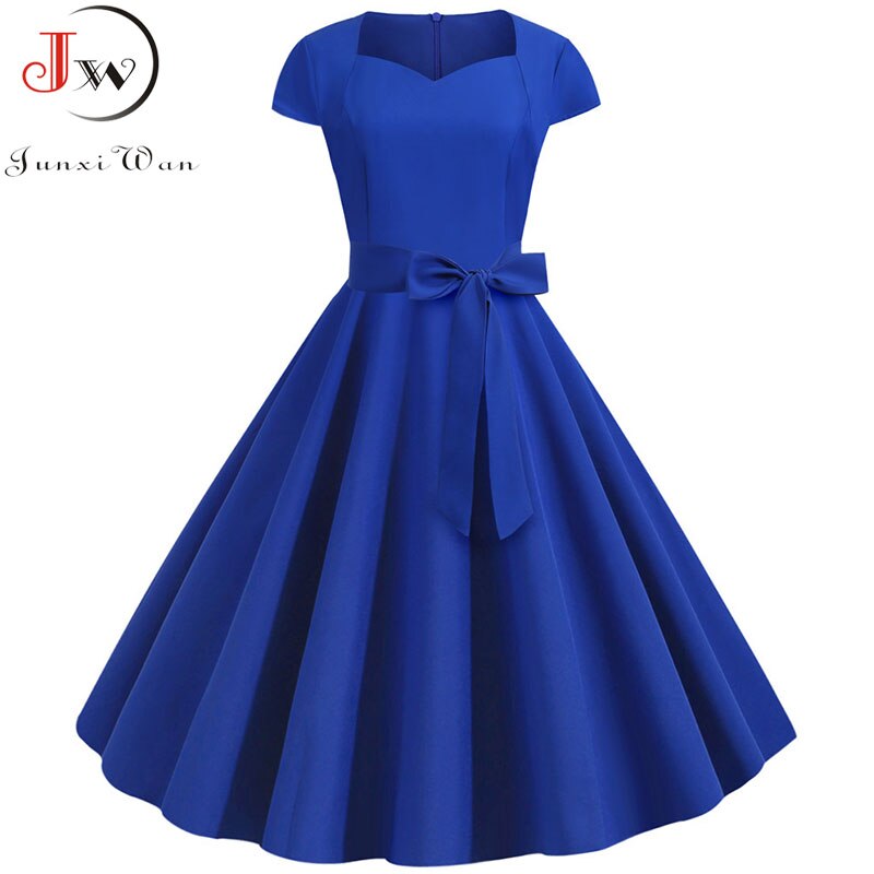 Summer Women's Dress Short Sleeve Solid Vintage Retro Big Swing Office Party Midi Sundress: S / Red