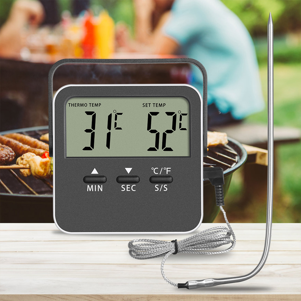 BBQ Thermometer 0-250℃ Grill Temperature Meter Timing Function 304 Stainless Steel Battery Operated Meat Gauge Outdoor Green