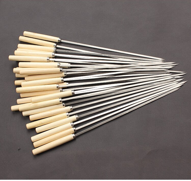 10 Pcs Flat Barbecue Stick BBQ Roasting Needle With Wooden Handle Brochette Tong Kebabe Skewers Stainless Steel Roasting Tools