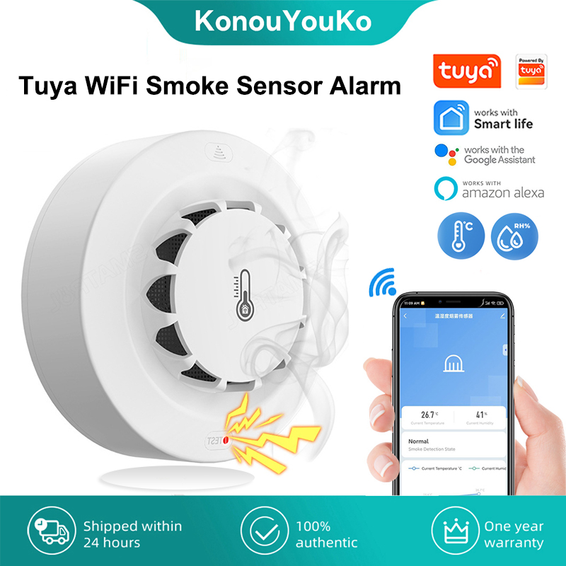 Tuya Wifi capteur de fumée alarme 80DB détecteur intelligent de température et d'humidité d'incendie Protection de sécurité Alexa Google Home vie intelligente