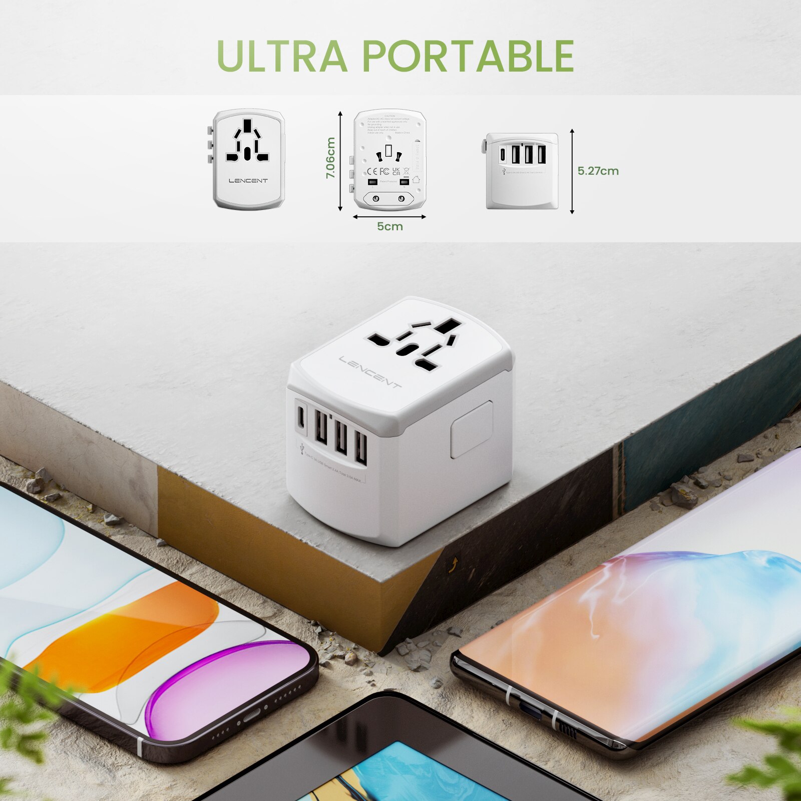 LENCENT Universal-Reiseadapter mit 3 USB-Anschlüssen und 1 Typ-C-Wandladegerät, All-in-One-Reiseladegerät für US-, EU-, UK- und AUS-Reisen