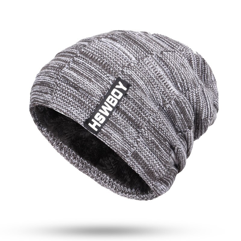 Brand HSWBOY Knit Beanie Hat Winter Striped Plaid Plus Velvet Thicken Hedging Cap Warm Man Male Bone Skullies: Gray
