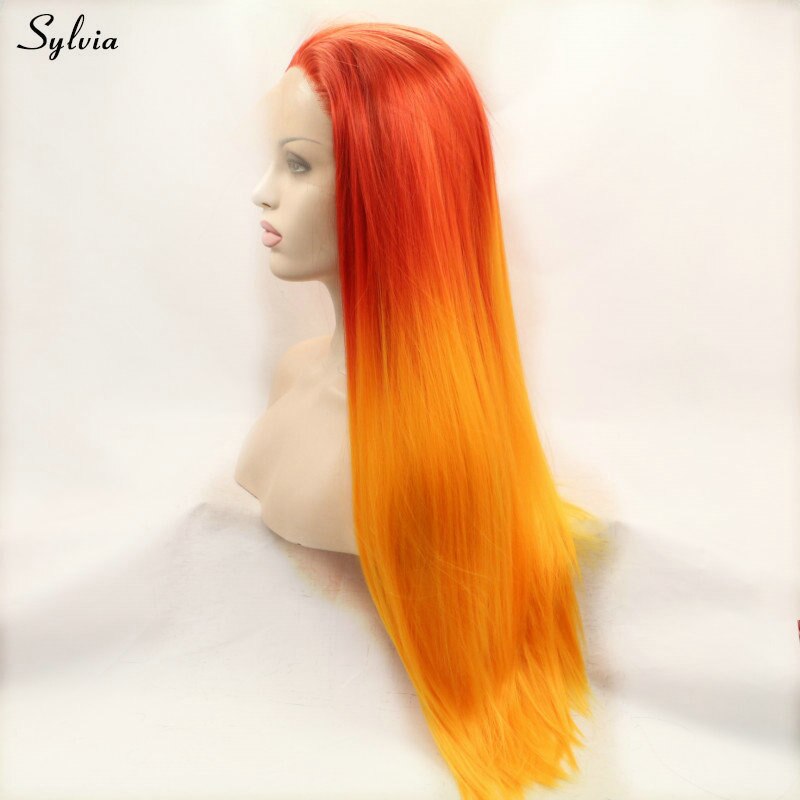 Sylvia brannfarge oransje hår syntetisk silkeaktig rett blonder foran parykk varmebestandig kvinner parykker hår drag queen fest gratis del