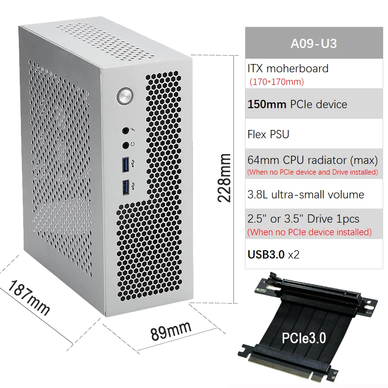 A09 3.8L ITX Chasis A4 HTPC Computadora portátil PC Soporte PCIe 2.5' SSD Drive Mini IPC Flex PSU Case