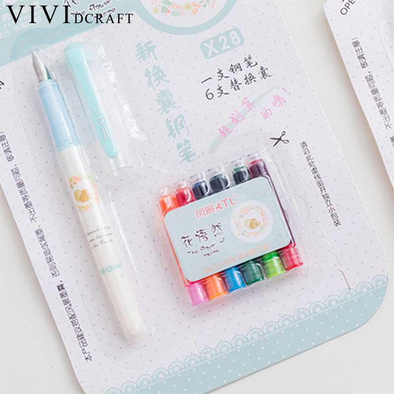 1 Pen+6 Colors Ink Bags for Kids Stylo Plume School Supplies Calligraphy Pen Kids Vividcraft Erasable Fountain Pen Ink Set