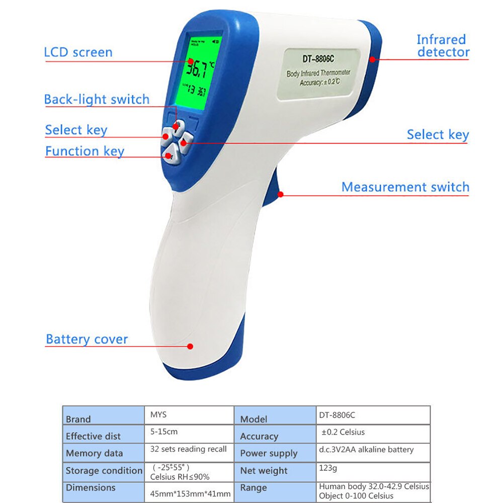 Portable Infrared Temperature Tester LCD Screen Back Light And Sound Alarm 35-Sets Recall Memory Temperature Detector