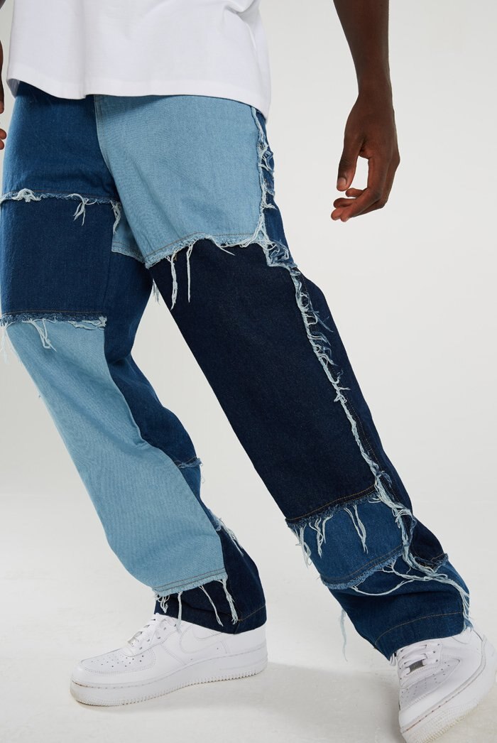 Mænd casual straight kvast patchwork jeans bukser mænd streetwear løst hip hop denim fuld længde bukser: Blå / Xl