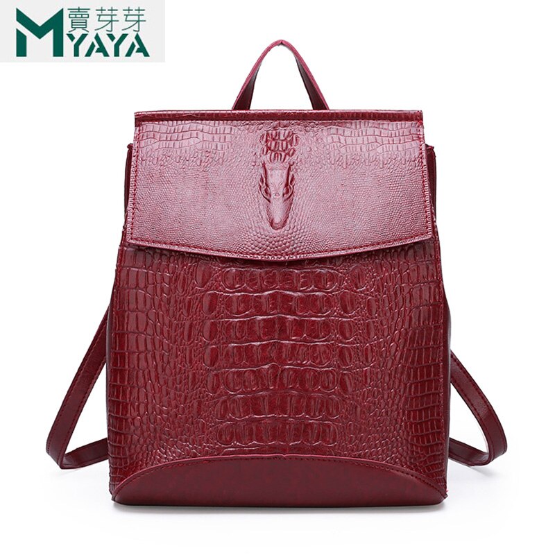 MAIYAYA PU Leather Knapsack Ladies Crocodile Pattern Women Backpack Girl Notebook Schoolbags Travel Bags Burgundy