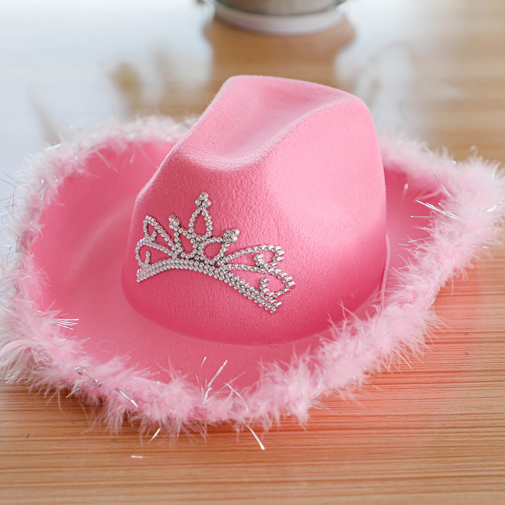 Cowboyhat i westernstil pink #39 til kvinder skæv bred skygge med pailletter dekoration krone tiara cowgirl hat: Lyserød 3