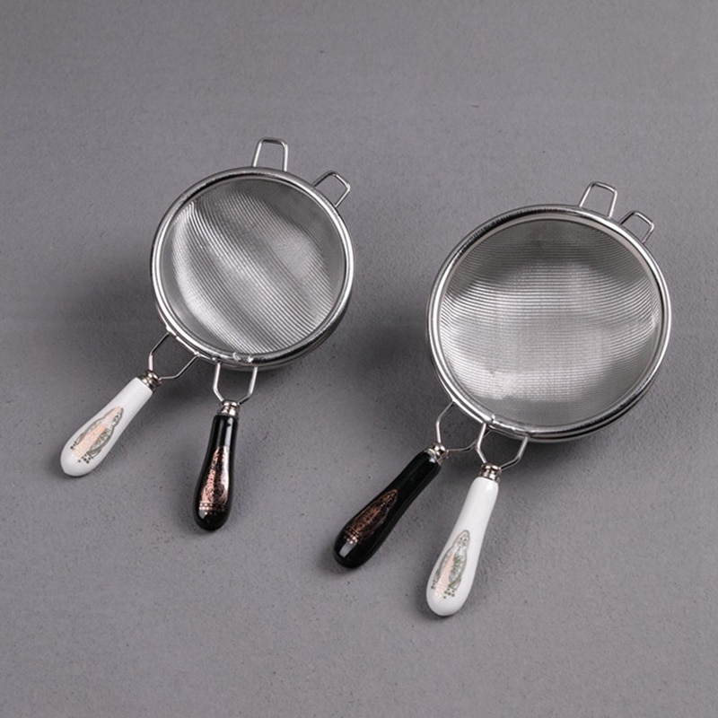 Vintage Chinese Tea Infuser Stainless Steel Dual Mesh Tea Strainer Loose Leaf Tea Filter Ceramic Handle Tea Accessories