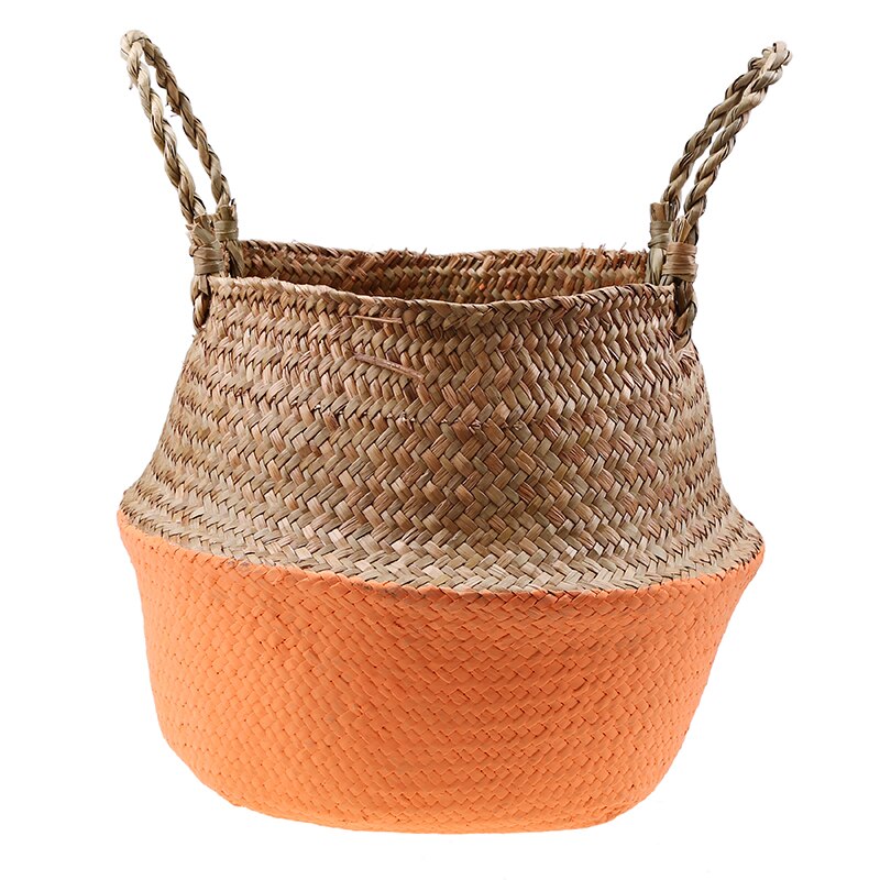 Small Wicker Basket with Handles Seagrass Woven Storage Basket Laundry Toys Picnic Basket Foldable Belly Organizer: Orange / XS-16x13cm