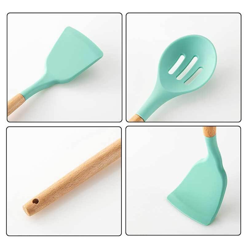 Mint Green Kitchen Utensil Non-Stick Wood Handle Cooking Utensil Premium Silicone Material Baking Spatula Spoon Kitchen Supplies