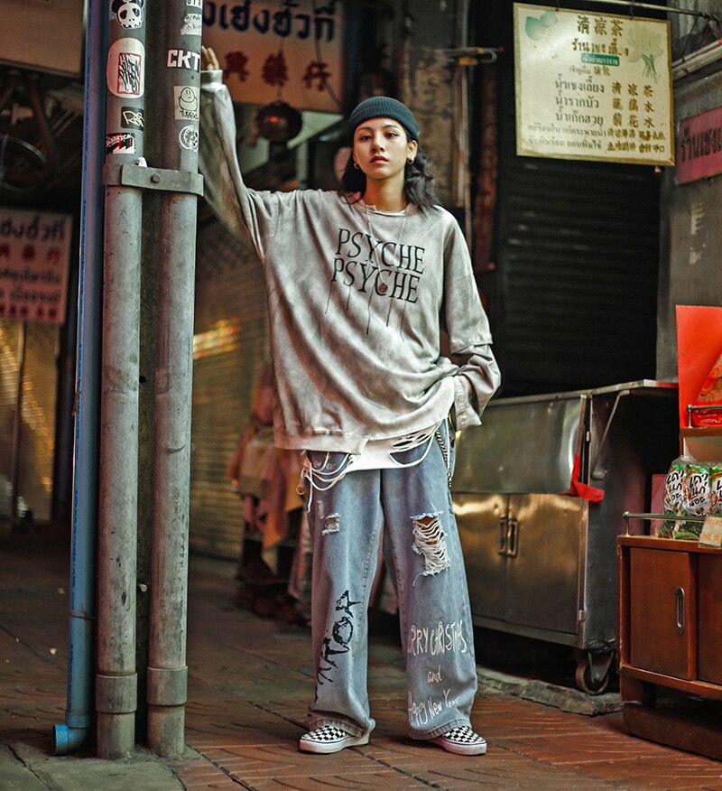 Graffiti print afslappet baggy beskadiget denim jeans hip hop hipster streetwear bukser mænd ødelægger punk rock bukser mandlige en -c026