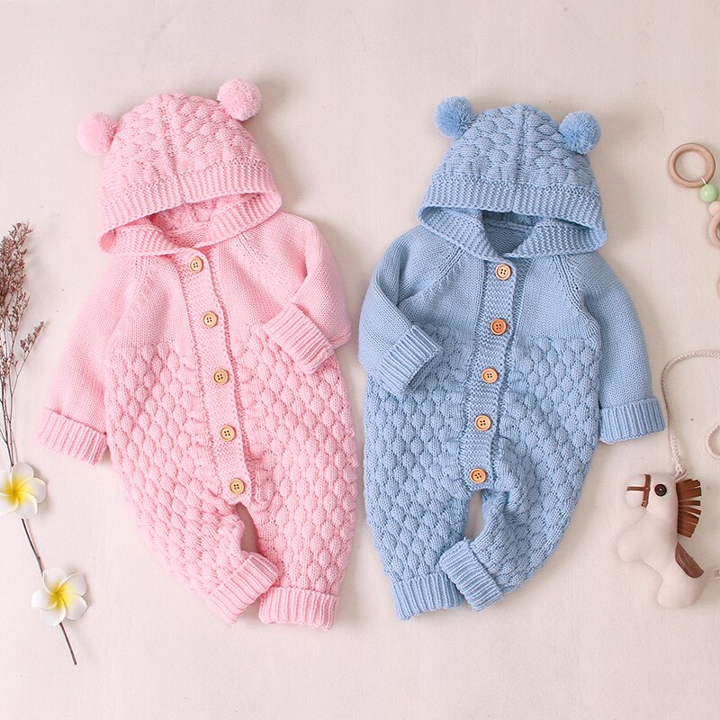 Herfst Baby Baby Meisjes Lange Mouw Gebreide Solid Print Hoodie Rompertjes Trui Kinderen Jongens Jumpsuit
