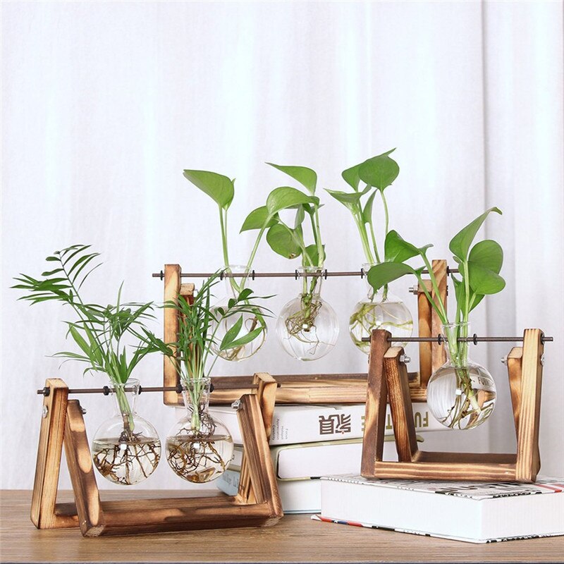 Desktop Glass Planter Bulb Vase with Retro Solid Wooden Stand and Metal Swivel Holder for Hydroponics Plants Home Office Decor