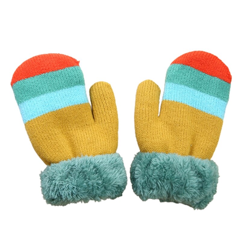 Enfant en bas âge enfants hiver peluche doublé doigt complet mitaines arc-en-ciel rayé tricoté thermique temps froid mitaines chauffe-mains: YELLOW
