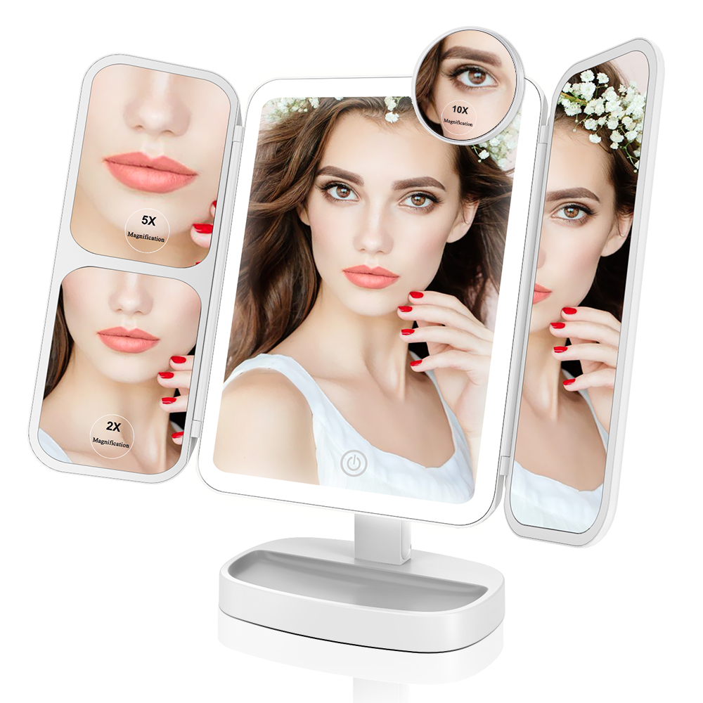 Espejo de maquillaje portátil con luz LED, tocador con aumento de 2x/5x/10x, Doble potencia de cosmética