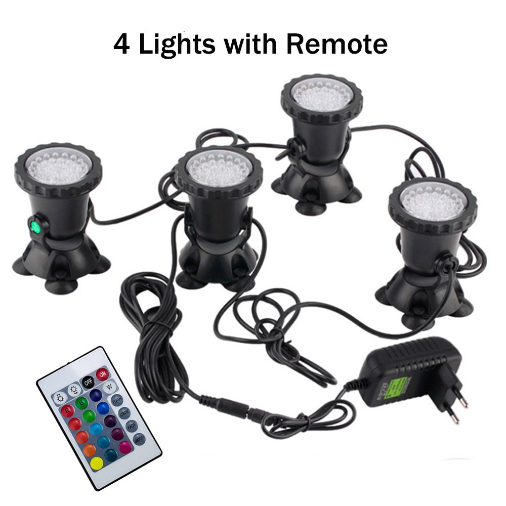 Spot lumineux submergé, étanche conforme à la norme IP68, éclairage submergé, idéal pour un Aquarium, une fontaine, une piscine ou un étang, 36 V, rvb: 4 Lights with Remote