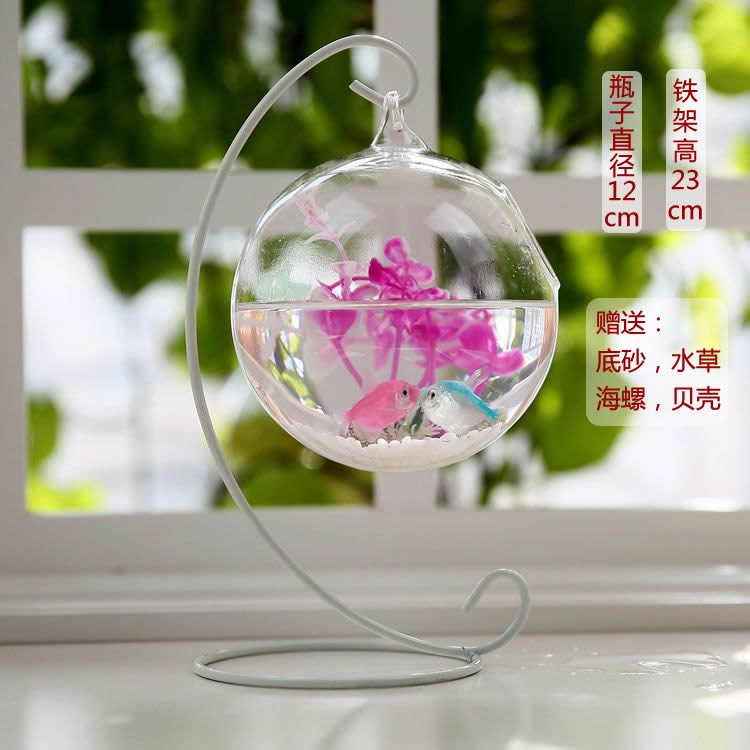 Clear Round Shape Hanging Glass Aquarium Fish Bowl Fish Tank Flower Plant Vase Home Decoration with 28cm Height Rack Holder: WHITE